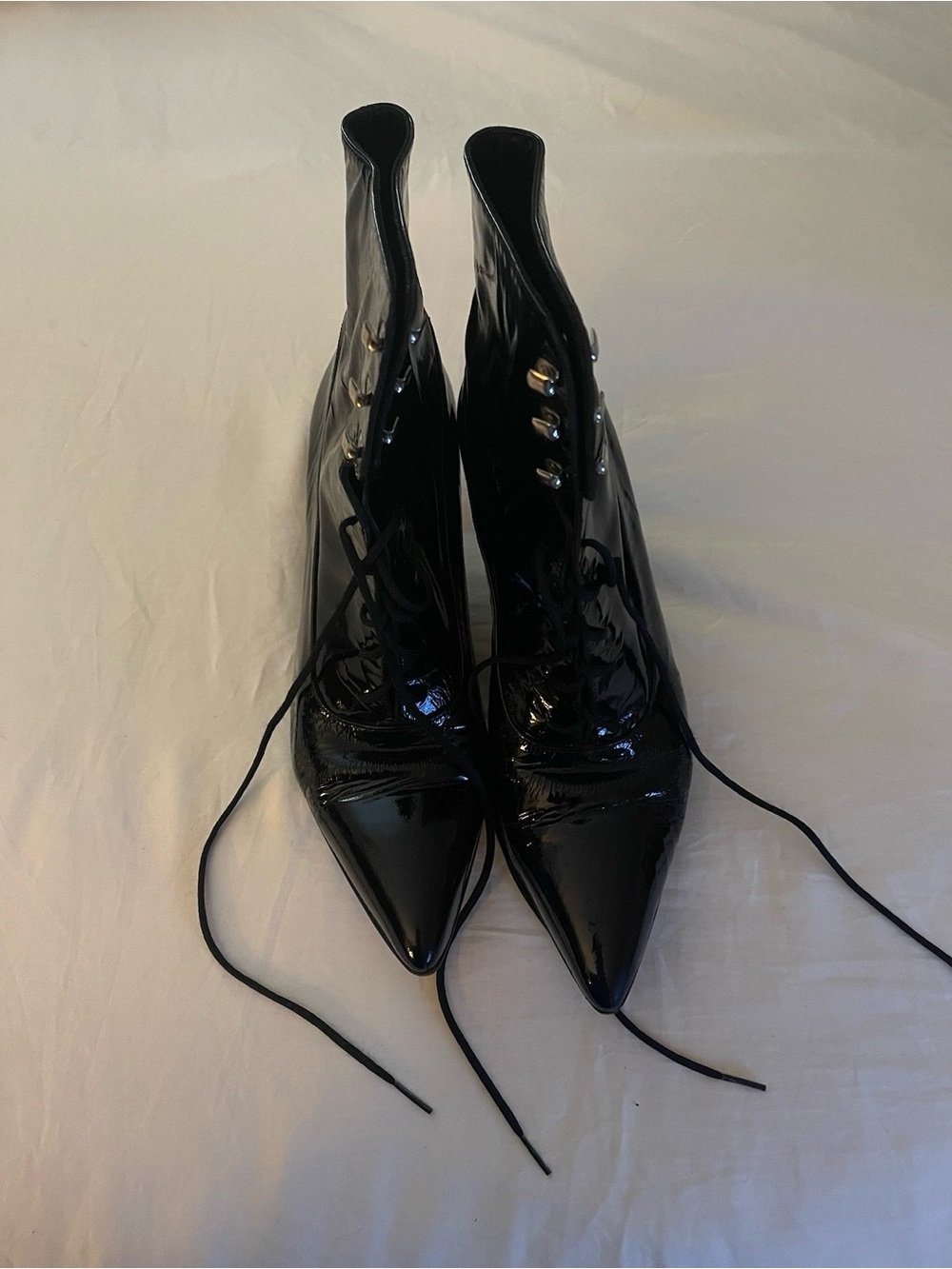 Vintage Black Patent Leather Lace up Booties
